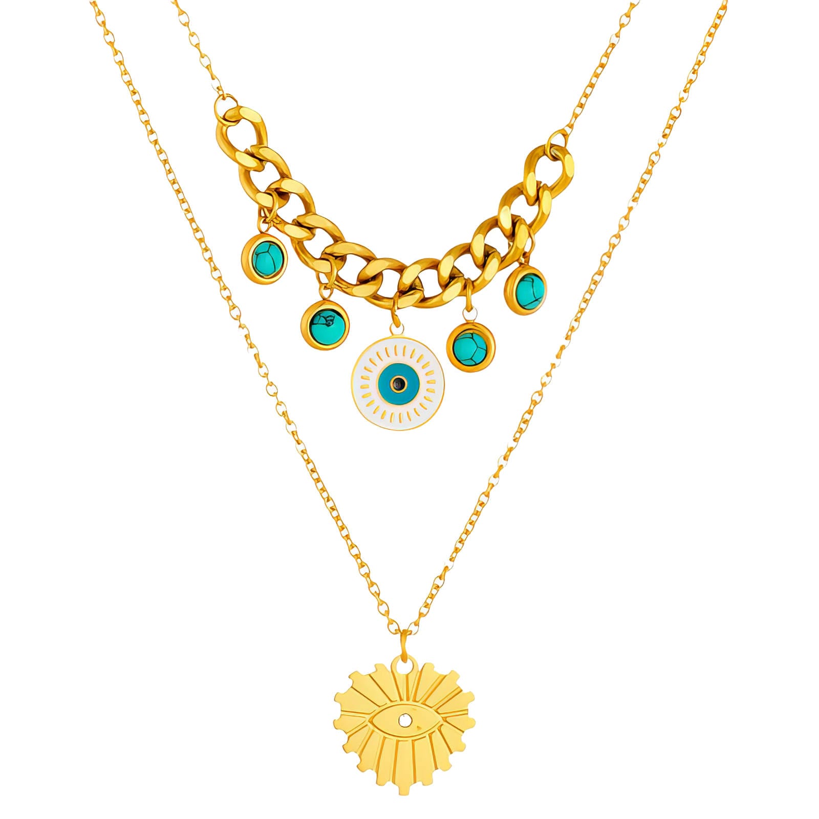 Colier dublu Evil Eye placat cu aur 18K